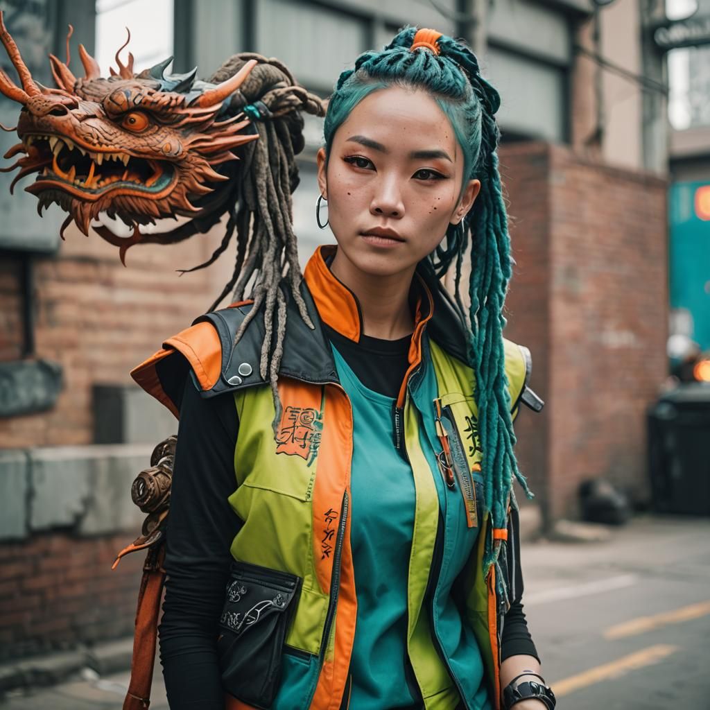 Chinese Girl with Dragon Tattoo in Cyberpunk Style