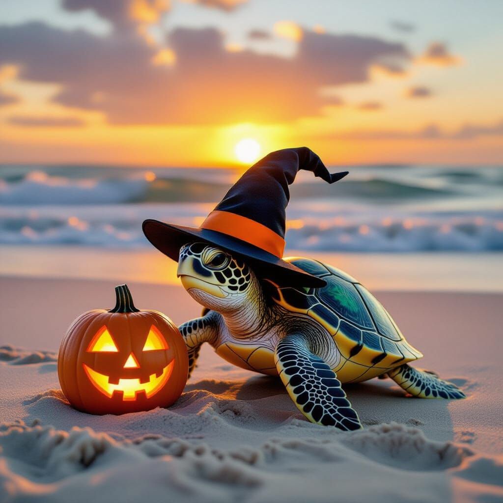 Sea Turtle in Witch Hat on Halloween Beach at Sunset