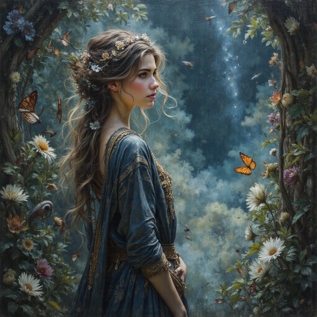 Ethereal Goddess in Cosmic Garden as Digital Painting