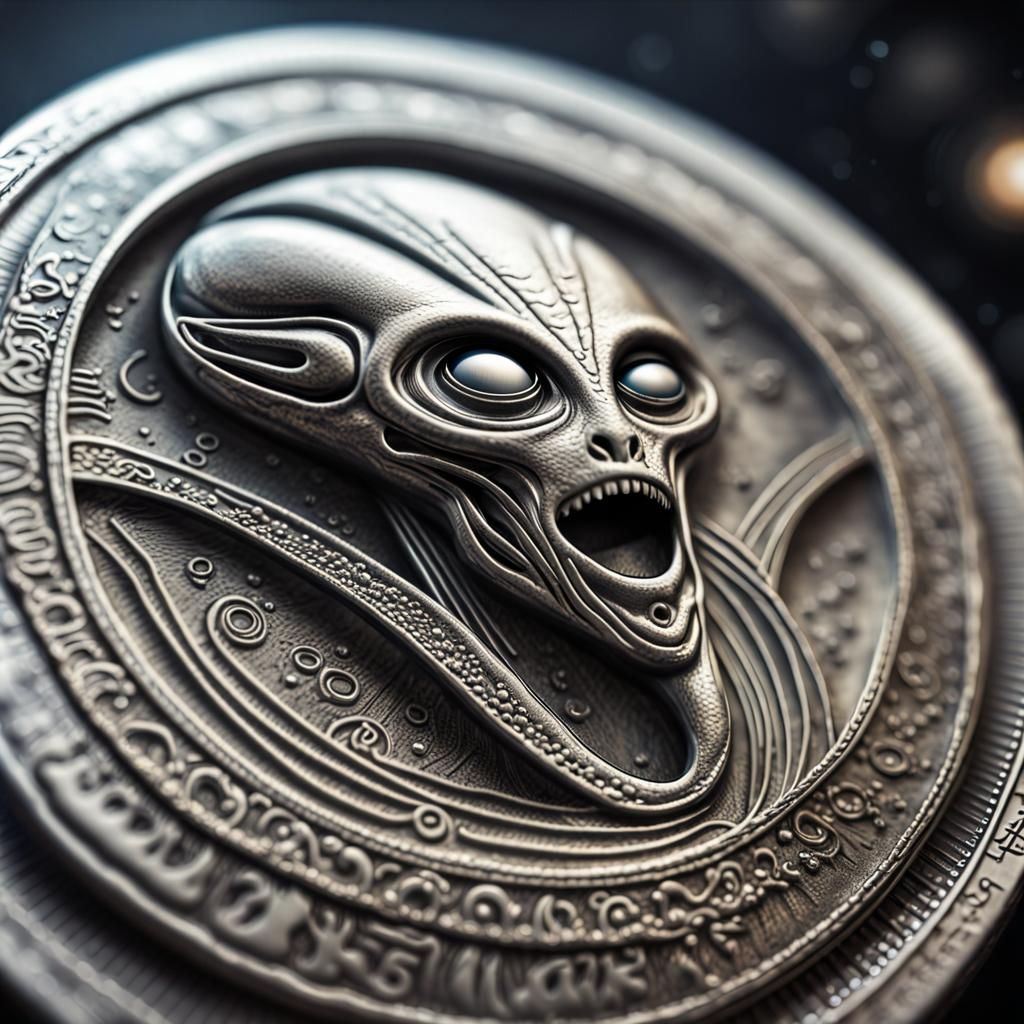 Detailed Silver Alien Coin Macro Photograph