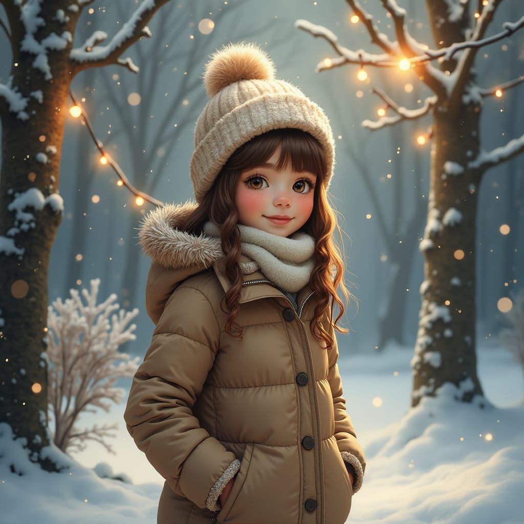 Dreamy Christmas Scene with Girl in Winter Coat
