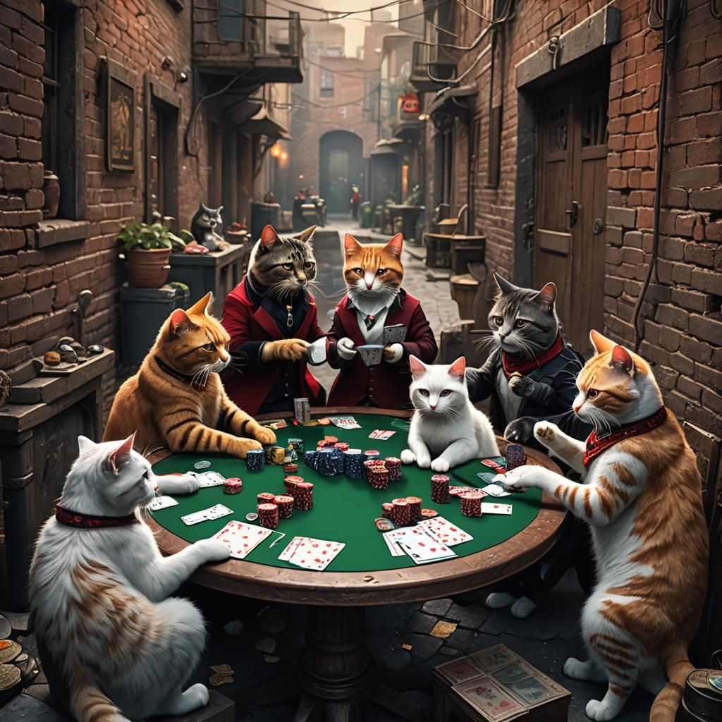 Cats Playing Poker in Alleyway: Detailed Matte Painting