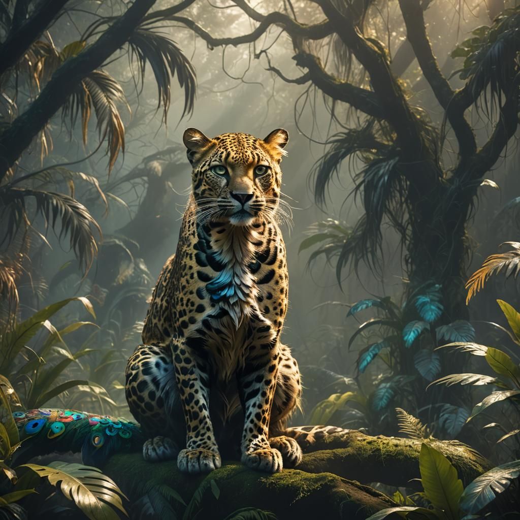 Leopard-Peacock Hybrid in Jungle, Digital Matte Painting