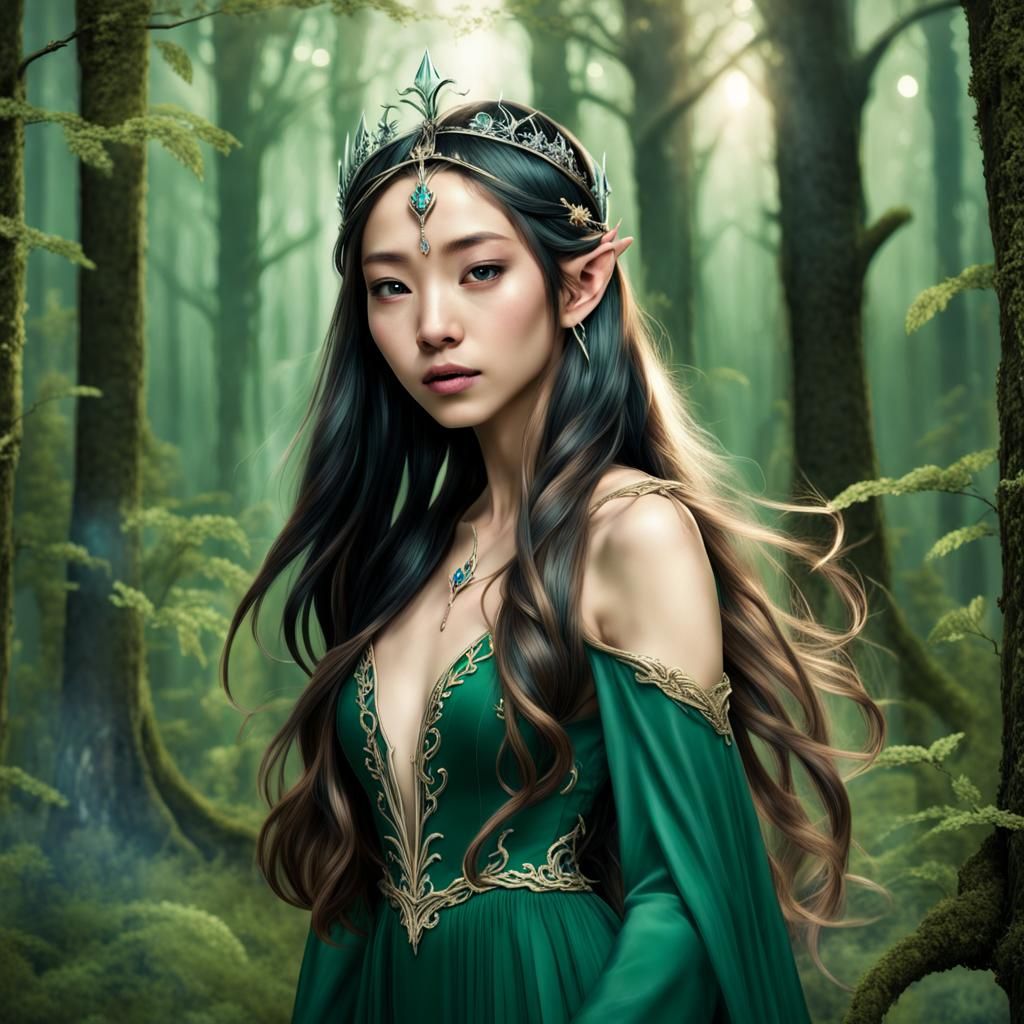 Asian Elf Princess Casting a Spell in Forest