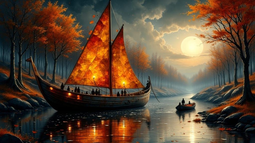 Colossal Boat Carved from Autumn Leaves on Moonlit River