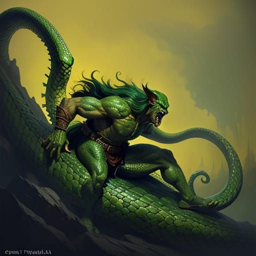 Conan vs Giant Snake in Fantasy Illustration