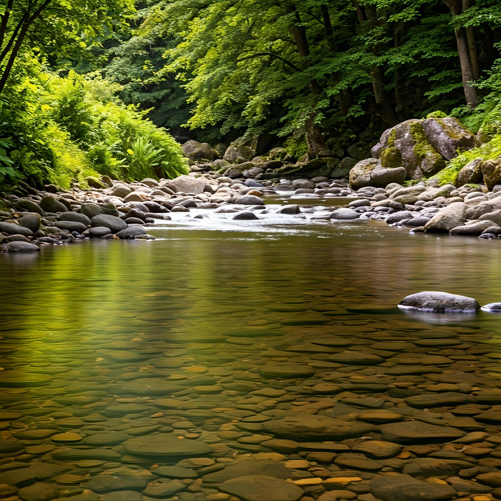 Crystal Clear River Flowing Through Greenery