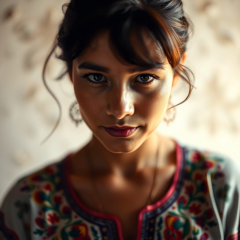Colombian Woman in Traditional Embroidered Blouse