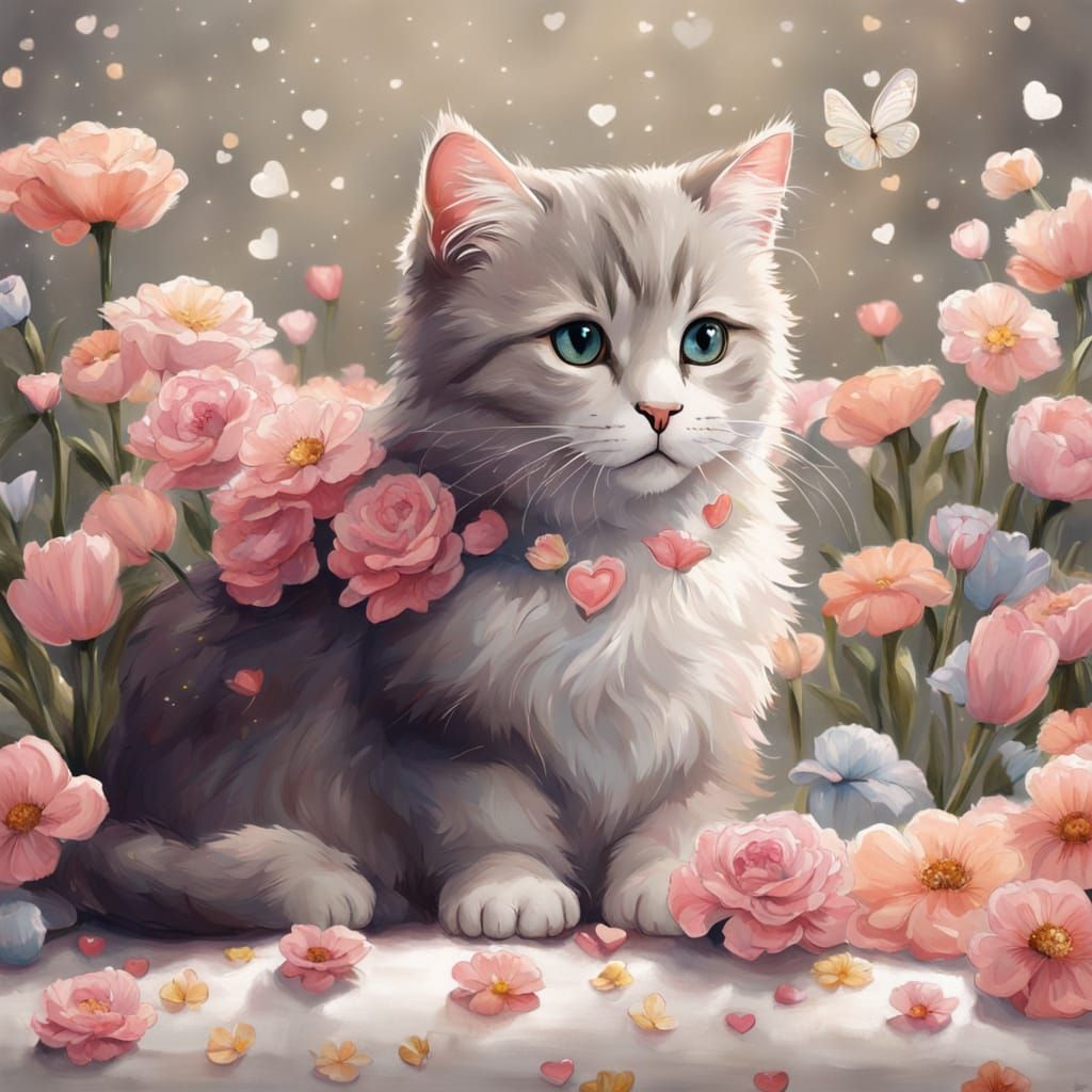 Cute Cat Surrounded by Flowers in Victorian Style