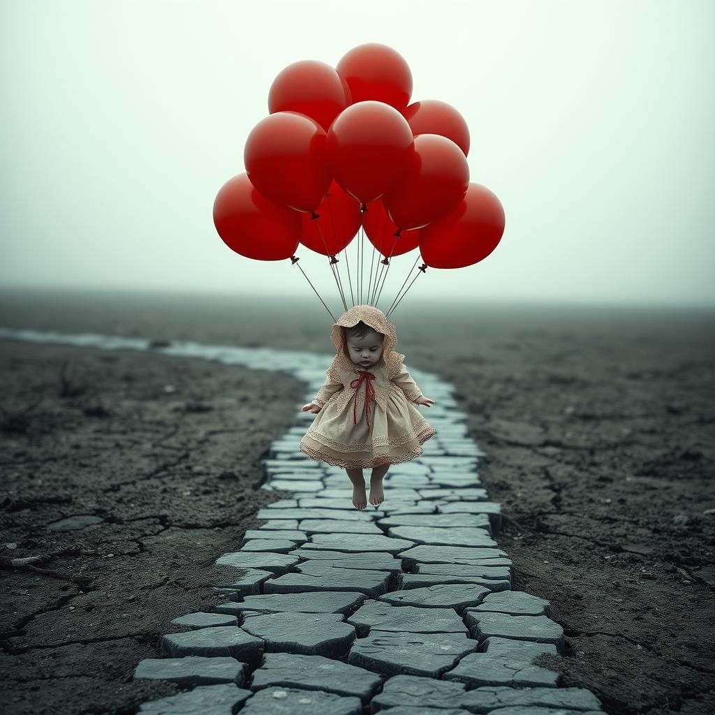 A small child dressed in victorian clothing. Dangling from a...