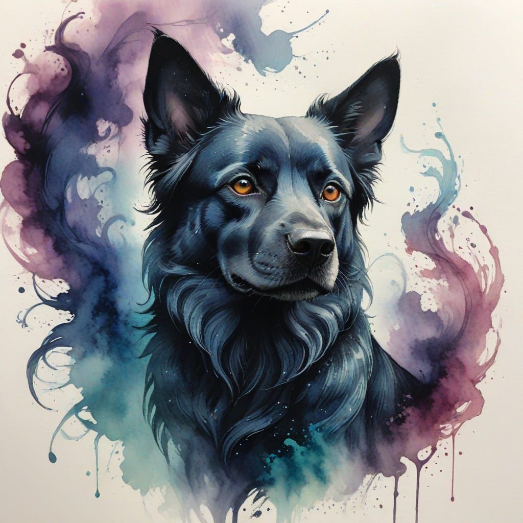 Ethereal Banshee and Dark Dog in Watercolor Wash