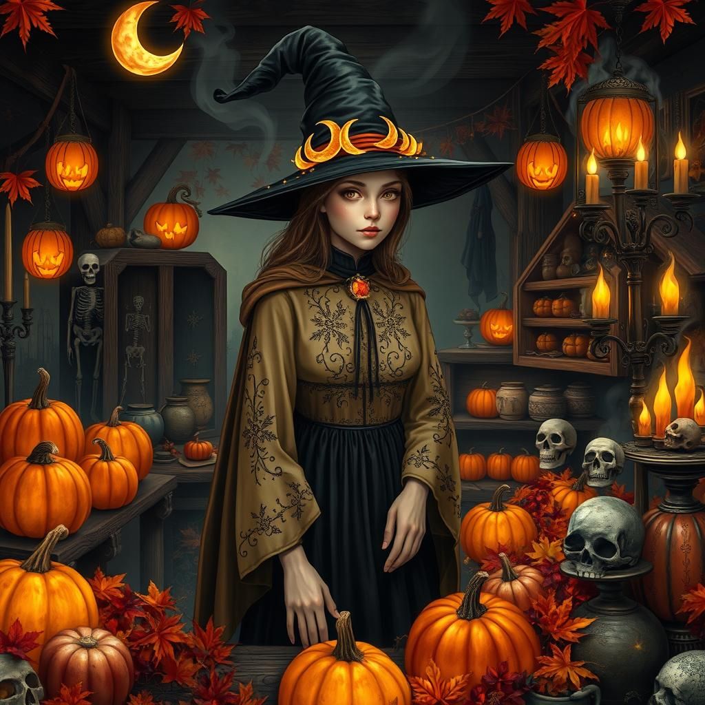 Whimsical Witch Selling Potions in Autumn Market