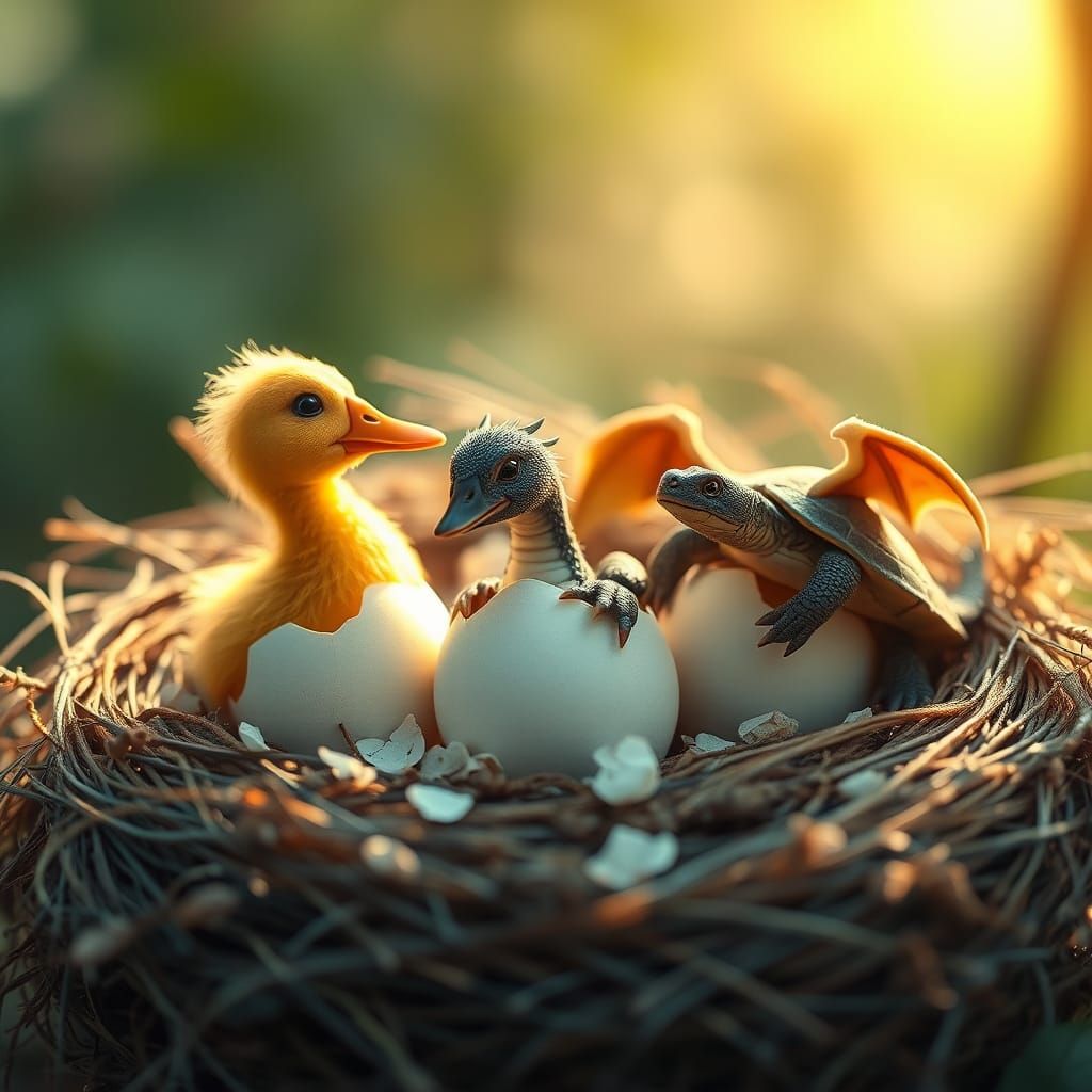 Fantasy Hatchlings: Duck, Dragon, and Turtle