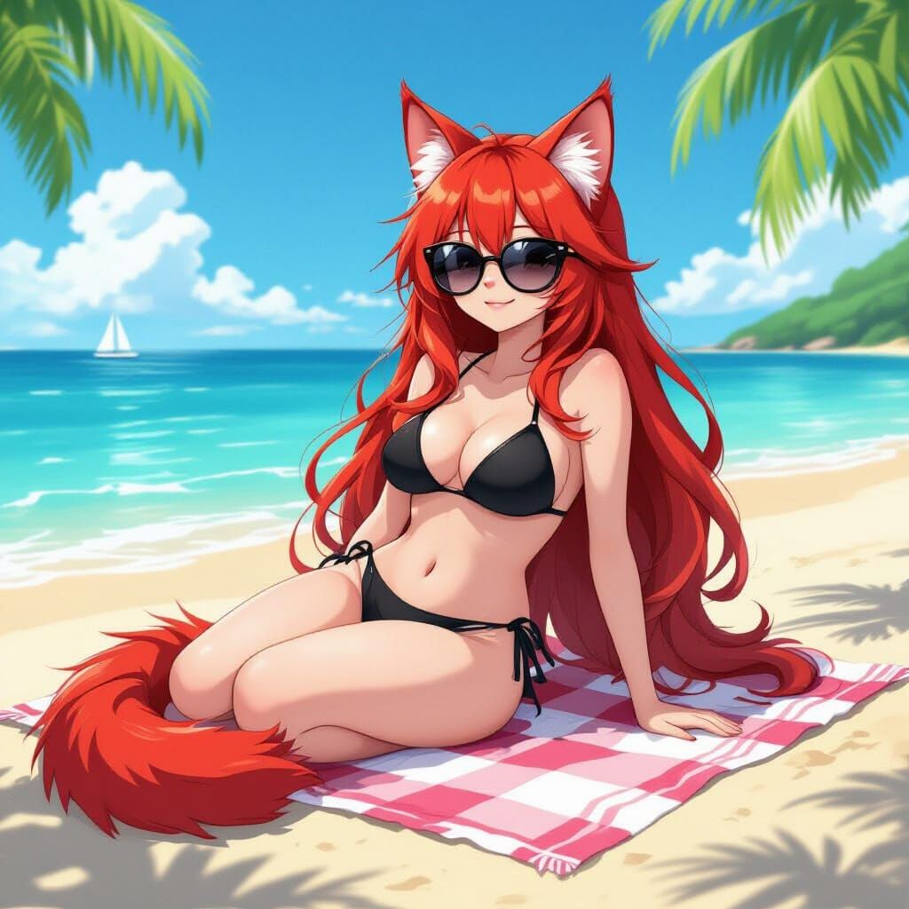 Anthropomorphic Cat Girl Lounging on Beach