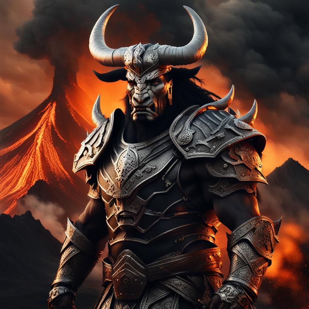 Bull Warlord in Obsidian Armor Before Volcano