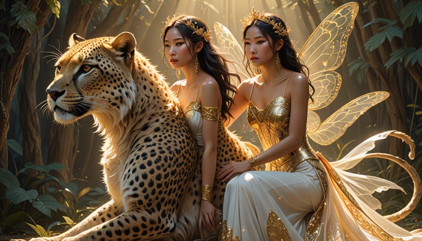 Ethereal Asian Fairy Rides Golden Cheetah in Vibrant Fantasy...