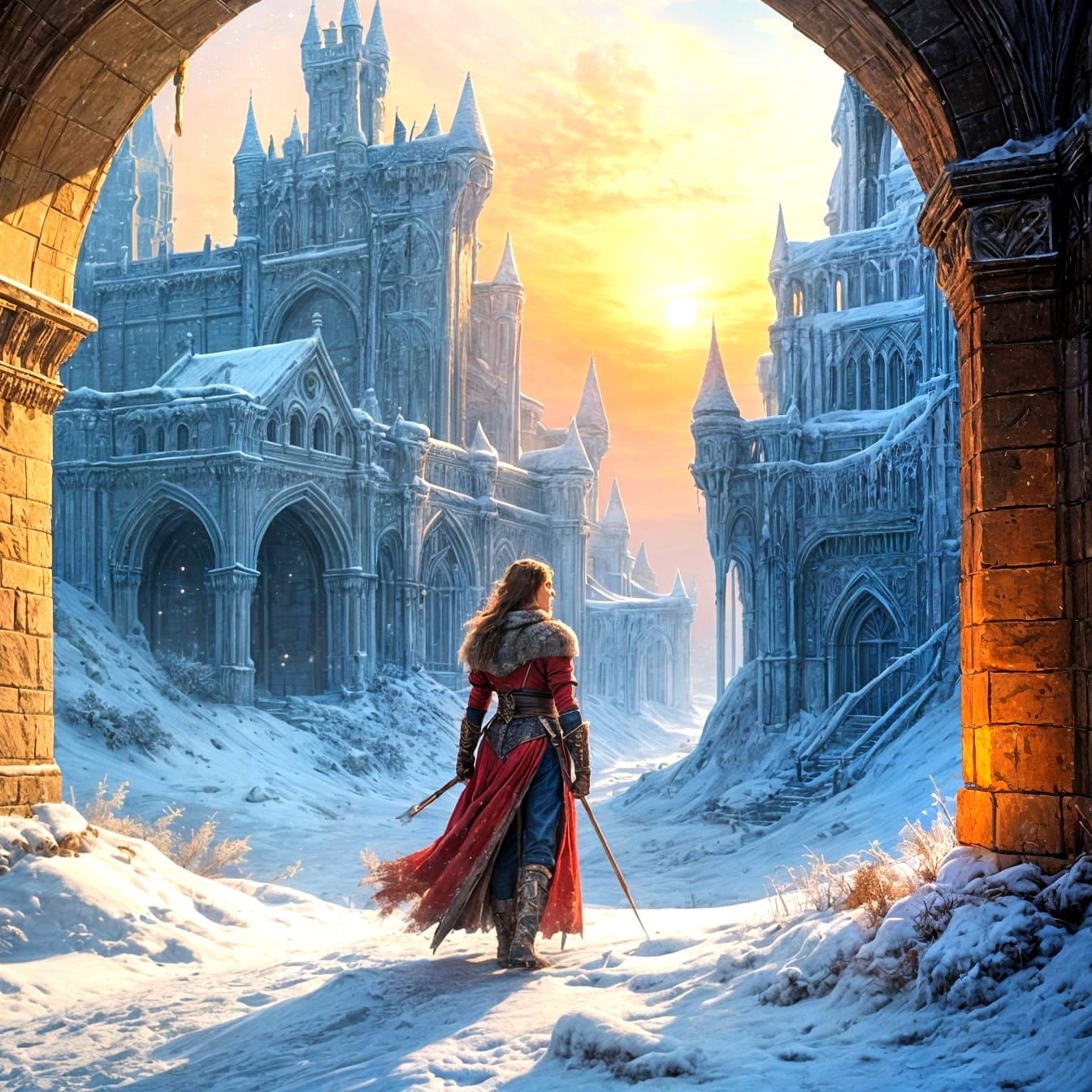 Snowbound Castle Under Attack at Sunrise