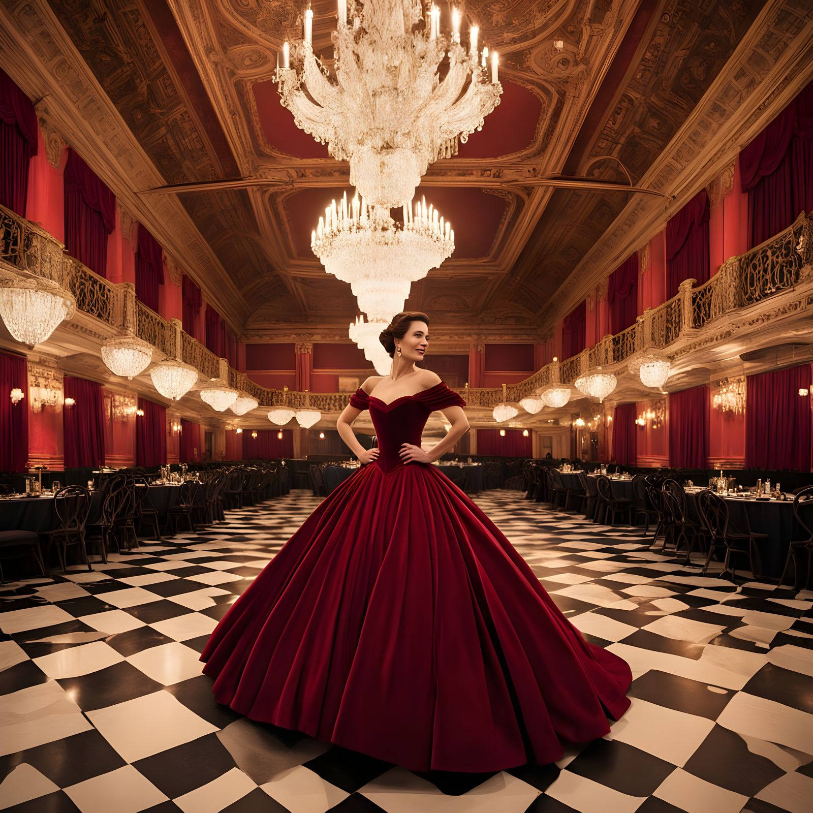 Elegant Woman Dancing in Opulent Ballroom