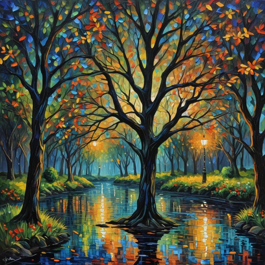 Night Scene with Water Buffalo in Neo-Impressionism Style