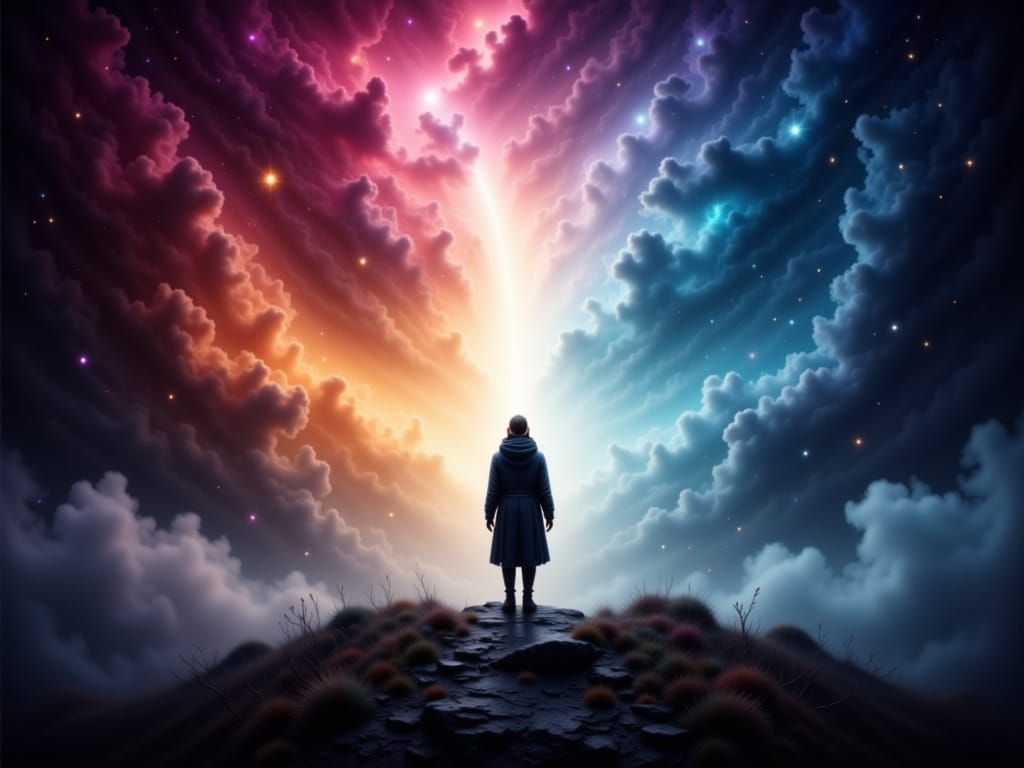 Solitary Figure Reaches for Ethereal Light in Romantic Style