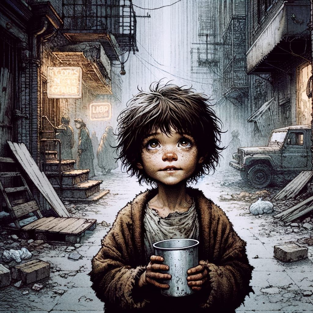 Anime Girl Begging in a Crumbling City Alley