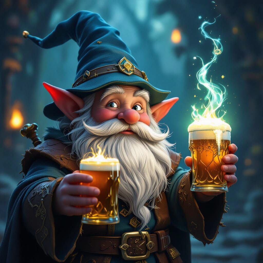 DnD Gnome Wizard Casts Spell Holding Beer