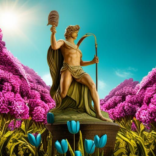 Apollo Statue in Turquoise Tulip Garden, Detailed Matte Pain...