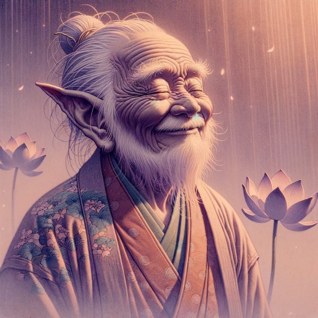 Content Goblin at Sacred Temple in Ukiyo-e Style