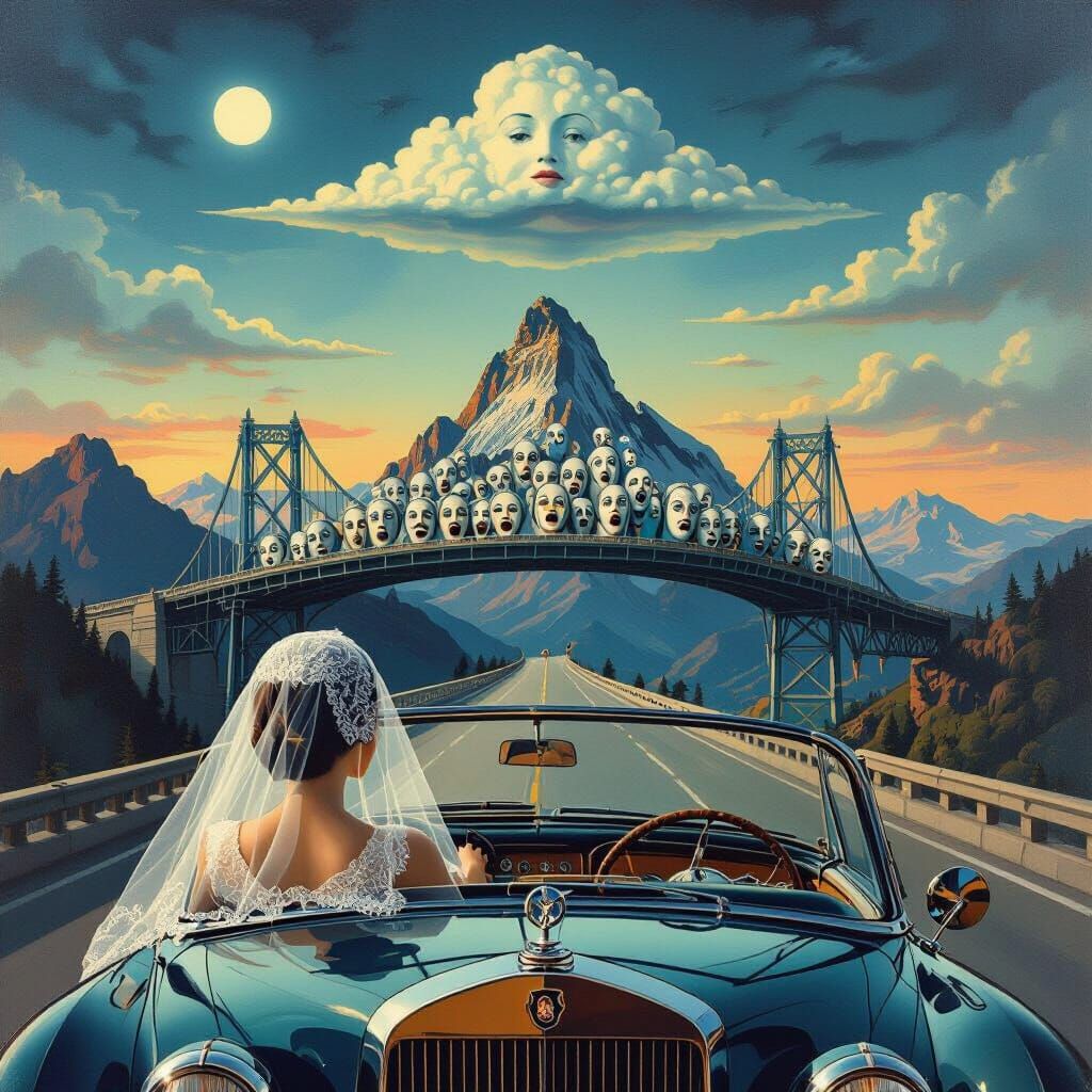 Surreal Oil Painting: Woman Drives Face Bridge to Mountains