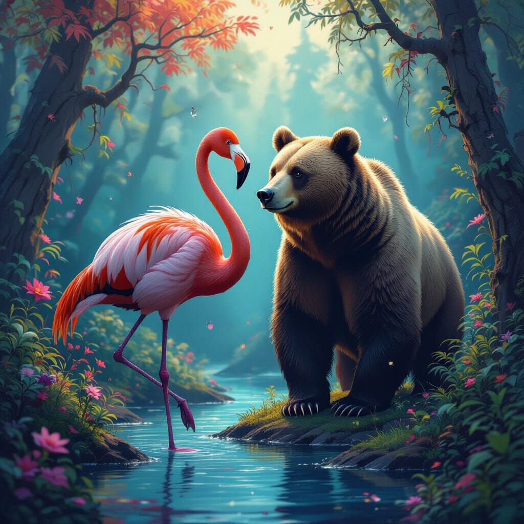 Flamingo Bear Hybrid in Mystical Forest Painting