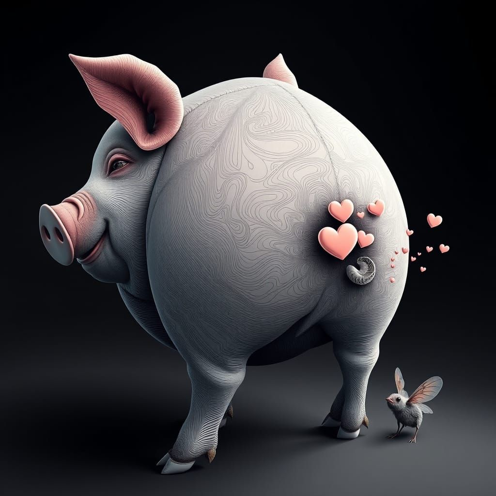 Giant Pig & Flea Making Hearts, Abstract Fractal Style
