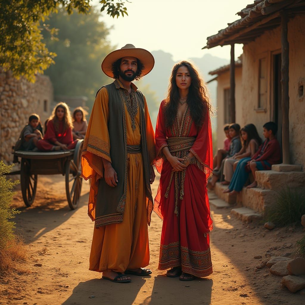 Middle Eastern Gypsy Couple by Wagon at Golden Hour