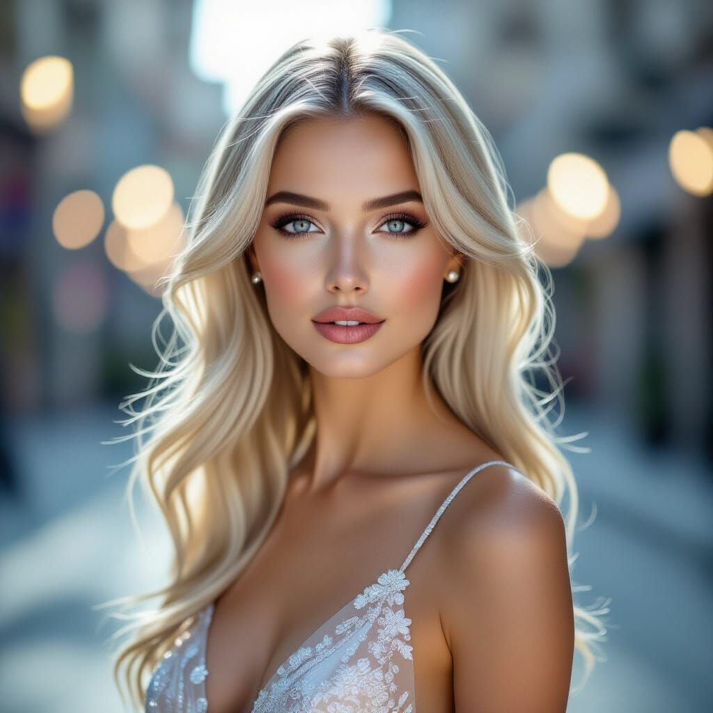 Elegant Woman with Blue Eyes in Soft Bokeh Setting