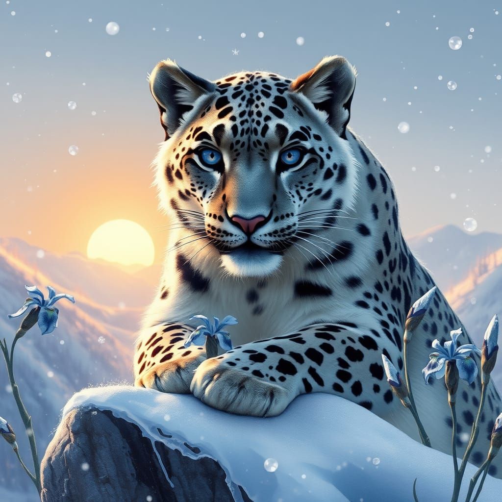 Majestic Snow Leopard in Dreamy Watercolor Lighting