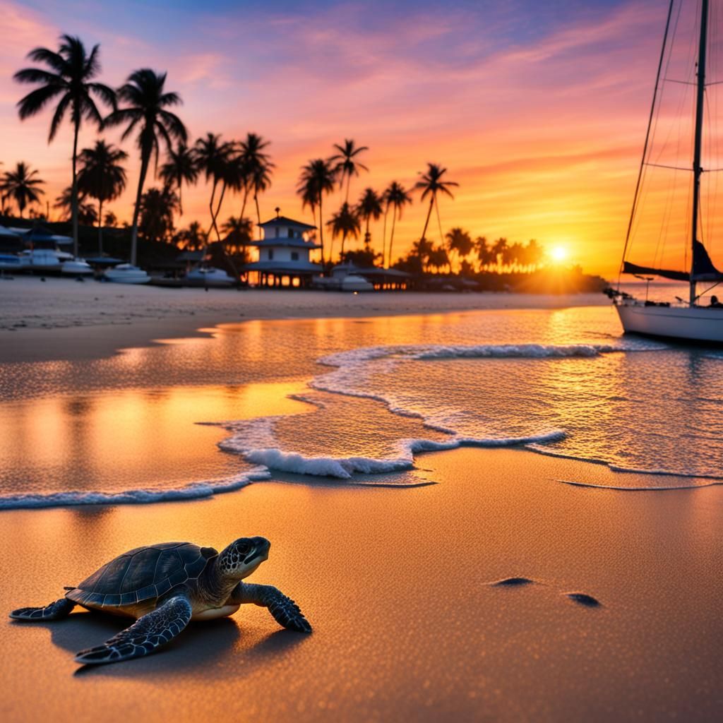 Beach Sunset with Baby Sea Turtles