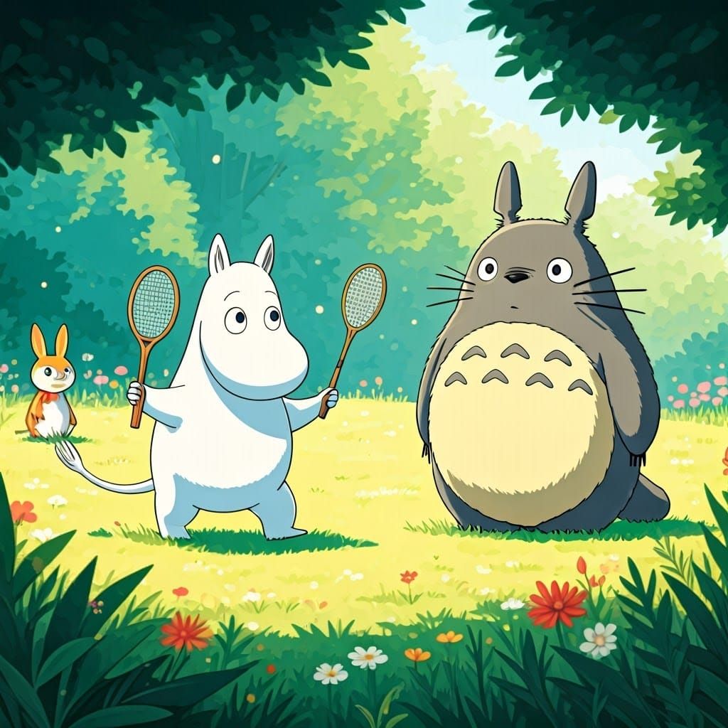 Moomin and Totoro play badminton
