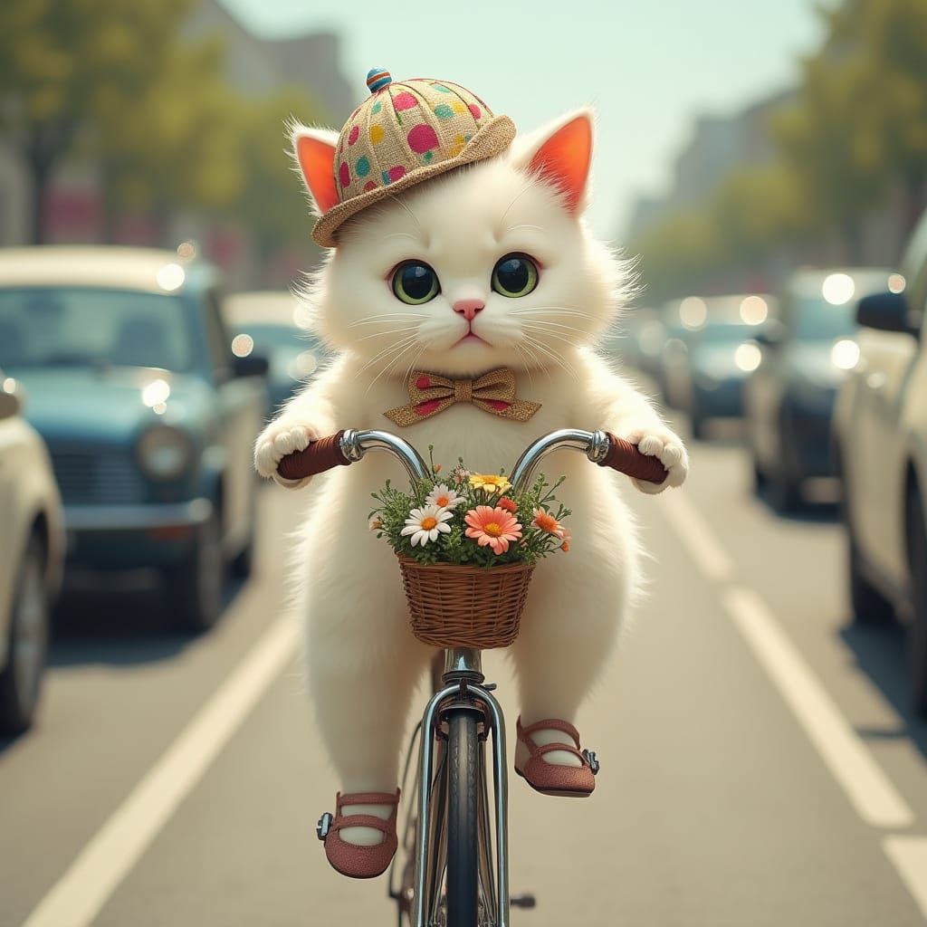 Persian Cat Rides Bicycle in Whimsical Style