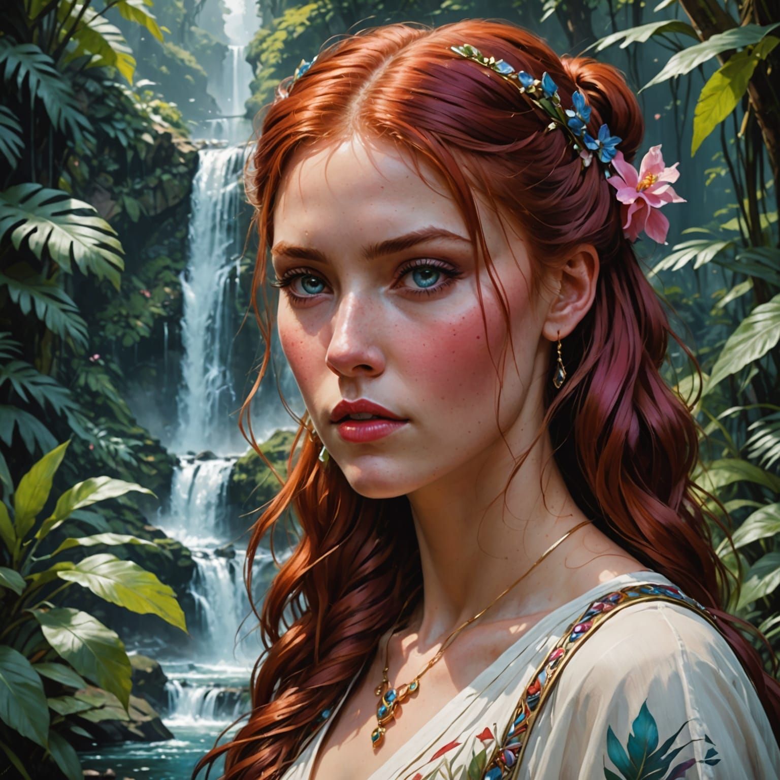 Surreal Redheaded Goddess Basks in Jungle Waterfall Glow
