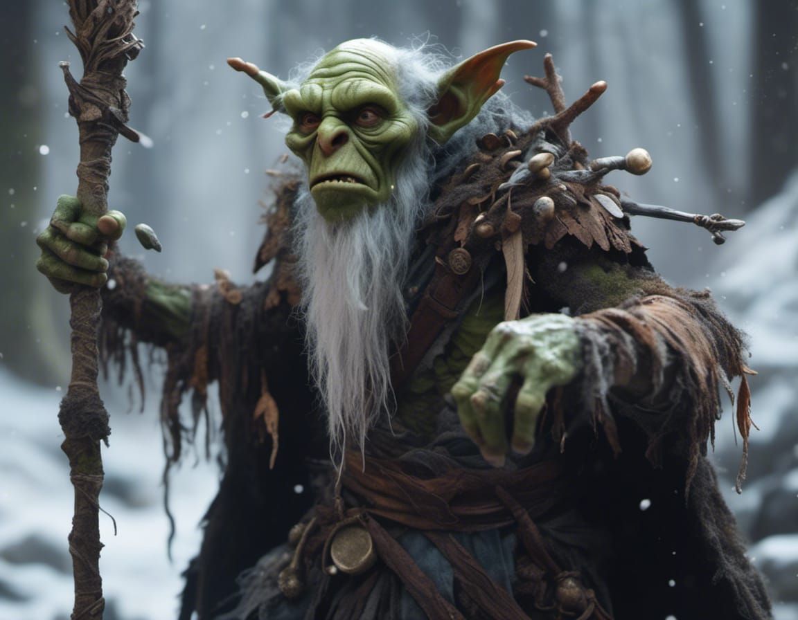 Hyperrealistic Goblin Wizard Chanting in Snowy Woods