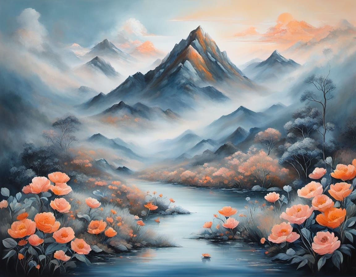 Surreal Floral Landscape Painting of Mountain Mist