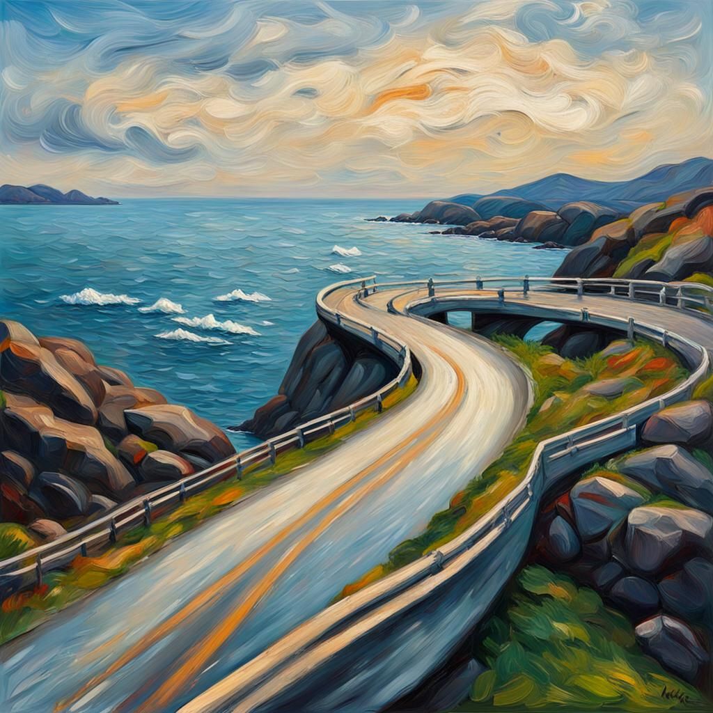 the most beautiful impasto oil painting atlantic ocean road in norway, in the style of edvard munch.