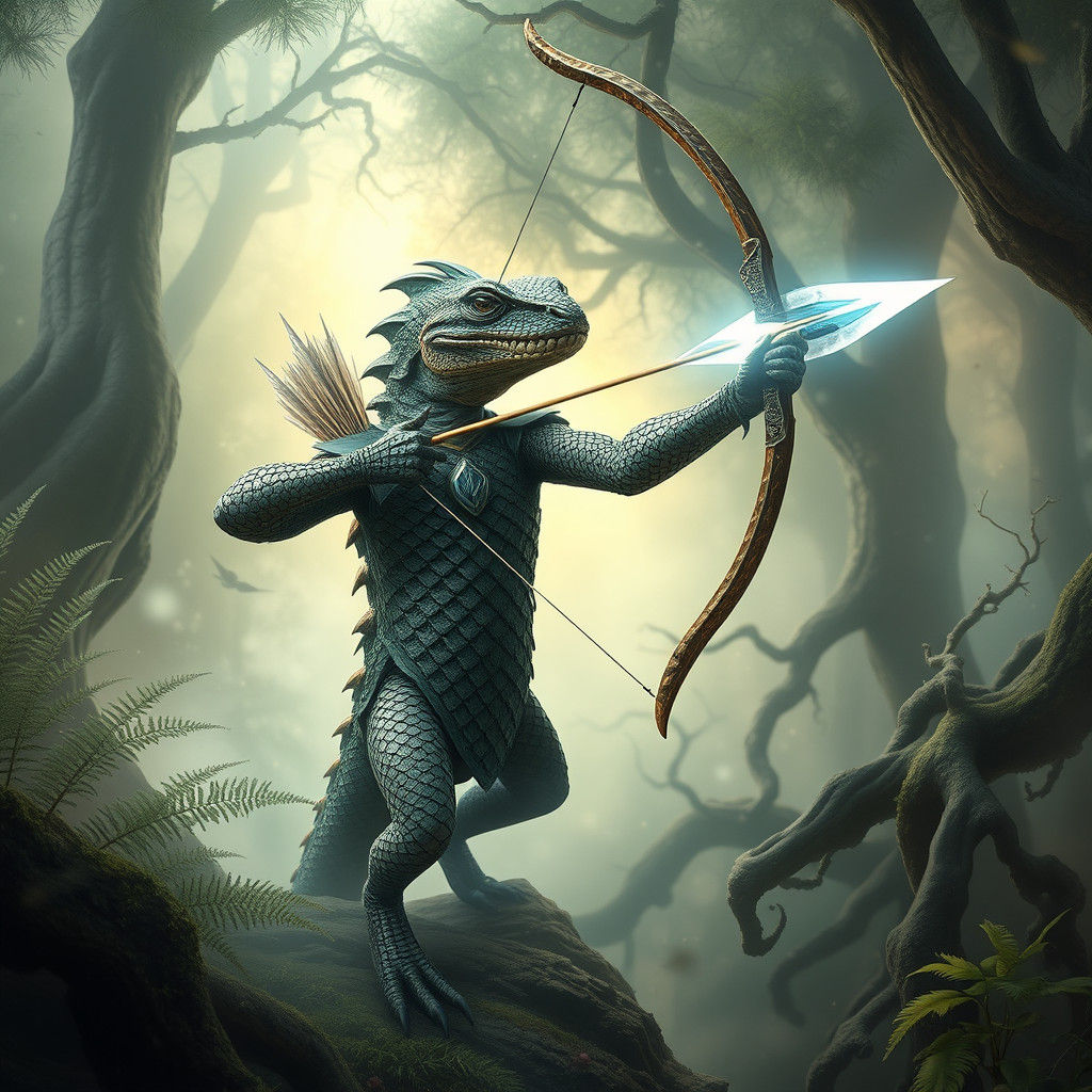 Reptilian Archer in Ethereal Forest