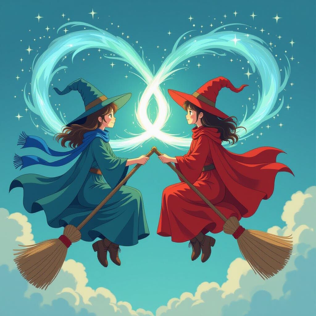 Witches' Magic Intertwined in Whimsical Flight