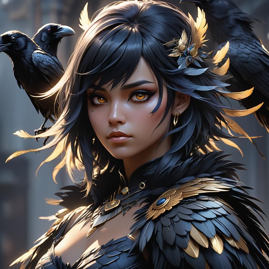 Raven Girl Portrait in Manga Style