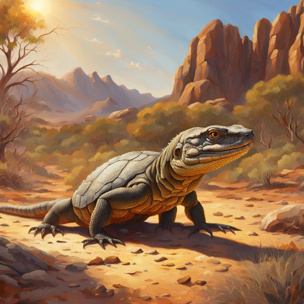 Vibrant Australian Reptile in Sun-Drenched Outback Landscape