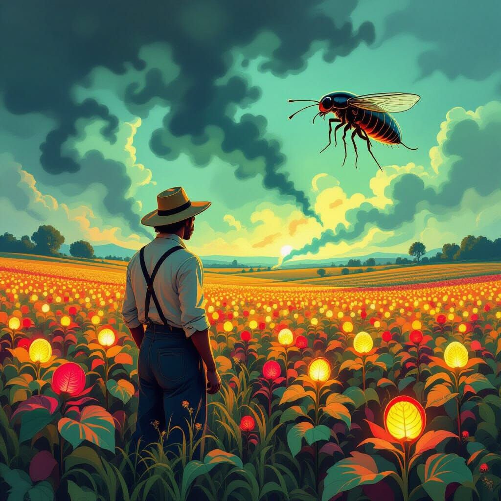 Surreal Farmer with Glowing Crops and Flea