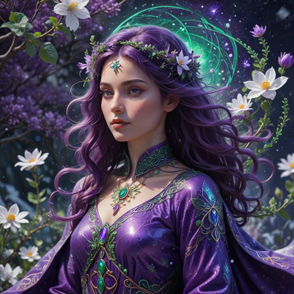 Ethereal Celtic Goddess in Violet Robes, Surrounded by Cosmi...
