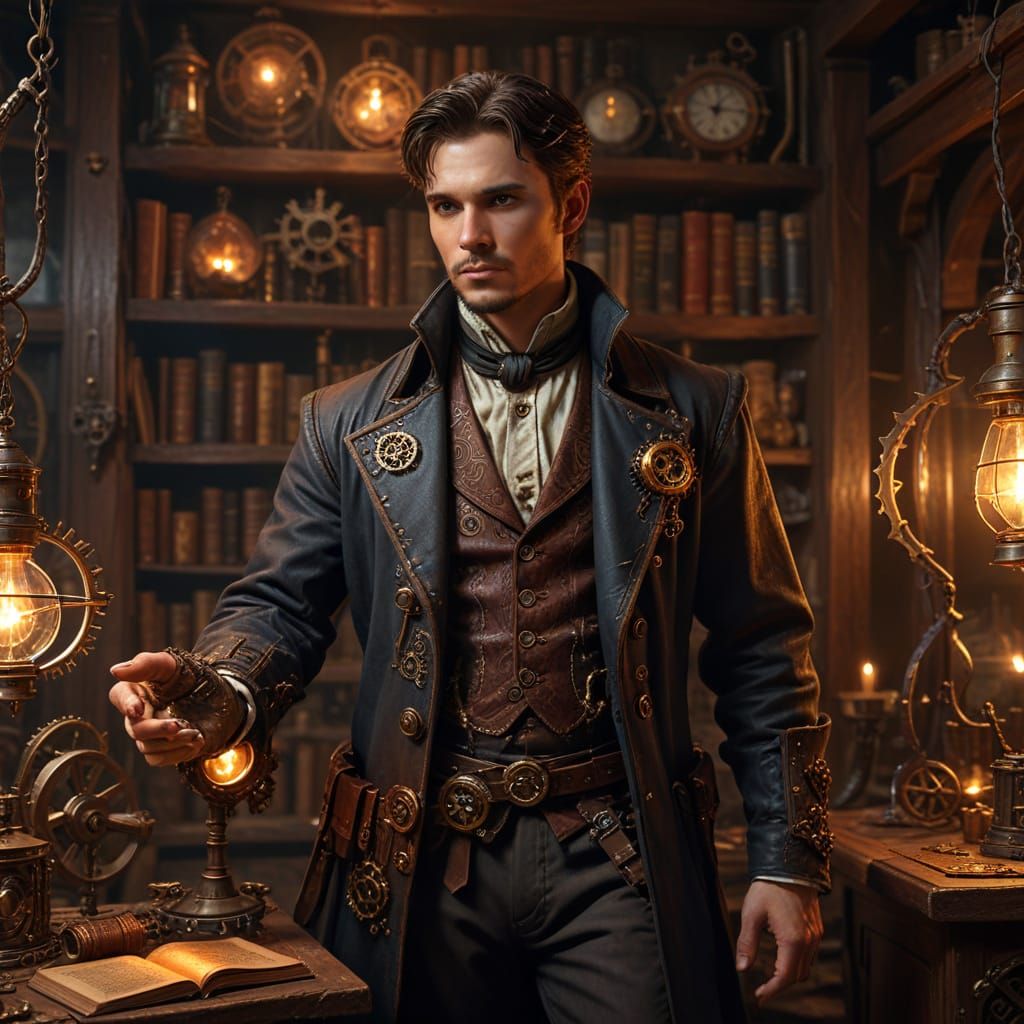 Steampunk Sorcerer Casting Spell as Oil Painting