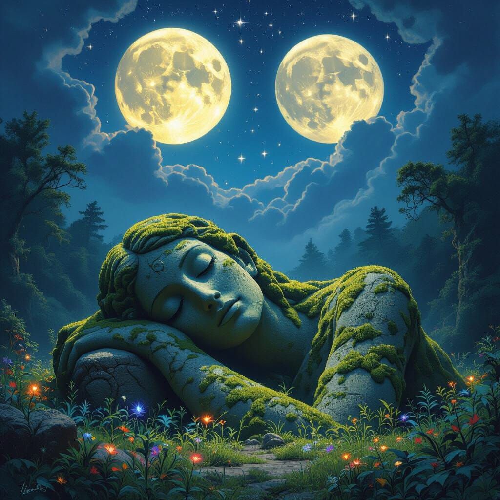 Moss-Covered Stone Woman in Mystic Clearing