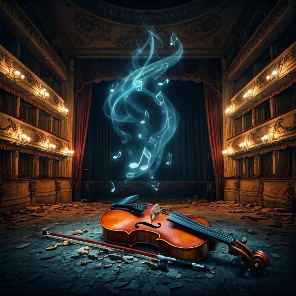 Ethereal Notes Over Broken Violin in Ruined Theater